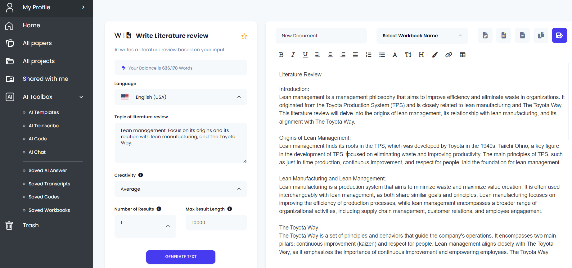 Avidnote writing a literature review: the template panel and the generated text in the editor